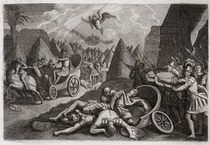 Bibel von Royaumont, Altes Testament: Niederlage von Sanherib. Gott besiegt die Armee von Sanherib zugunsten von König Hiskia durch einen Engel, der in einer Nacht hundertfünfundachtzigtausend Männer tötet. Illustration von 1811. von Unknown artist
