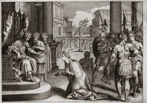 Bibel von Royaumont, Altes Testament: Bestrafung von Aman. Assuerus I (Xerxes I) hängt Aman (Haman) an den Galgen, den er für Mardochee (oder Mordechai) vorbereitet hatte, und widerruft das Todesurteil, das er in seinem ganzen Königreich veröffentlicht hat von Unknown artist
