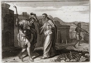 Royaumont-Bibel, Altes Testament: Salbung Sauls. Samuel, auf Gottes Befehl, salbte Saul zum König der Juden. Illustration von 1811.