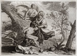 Royaumont-Bibel, Altes Testament: Opferung Abrahams. Ein Engel hält Abrahams Hand vor der Opferung seines Sohnes Isaak. Links steht der Widder, den Abraham stattdessen töten wird. Illustration von 1811 von Unknown artist