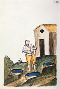 Blaue Färbeschale zum Färben von Wolle, aus dem Buch "Trujillo del Peru" oder "Códice Martínez Compañón", von Baltazar Martinez Compañón y Bujanda, Bischof von Trujillo (1782-1785)