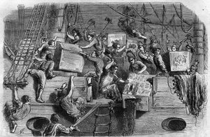 Boston Tea Party. Unabhängigkeitskrieg der USA: Aufstand amerikanischer Siedler (britischer Herkunft) gegen die vom englischen Parlament auf Tee und andere Lebensmittel erhobenen Steuern. Sie verkleiden sich als Indianer und werfen die Teeladung ins Meer