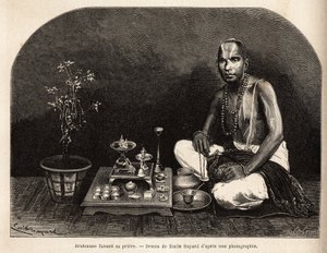 Brahmane kniet vor dem Opferaltar und betet. Gravur zur Illustration der Reise in die südlichen Provinzen Indiens, von Alfred Grandidier, 1862-1864, veröffentlicht in „Le Tour du Monde“, herausgegeben von Edouard Charton, Hachette, Paris 1869 von Unknown artist