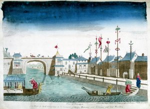 Brücke von Cochinchine und Boote, die die Pavillons verlassen. Gravur aus dem Ende des 18. Jahrhunderts von Unknown artist