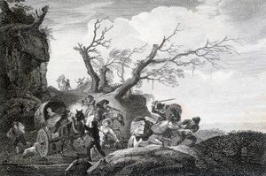 Räuber greifen Reisende auf einer Landstraße an. Gravur eines anonymen Künstlers des 18. Jahrhunderts. von Unknown artist