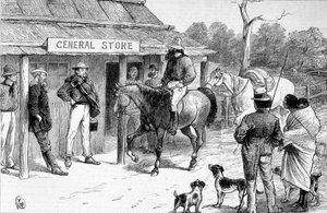Bush-Shop in Australien, um 1880.