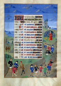 Kalenderseite für den Monat September. „Abreise der Pilger auf Reisen“ Illustrierte Manuskriptseite aus dem „Stundenbuch der Herzogin von Burgund, Adelaide von Savoyen“