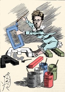 Karikatur, die den Dichter Arthur Rimbaud (1854-1891) darstellt, wie er Buchstaben des Alphabets mit Farbe bedeckt. Gravur aus „Men of Today“