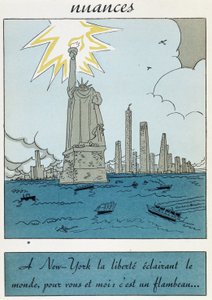 Karikatur der Freiheitsstatue in den Vereinigten Staaten: „Freiheit in New York erleuchtet die Welt, für dich und mich ist es eine Fackel“ von Unknown artist