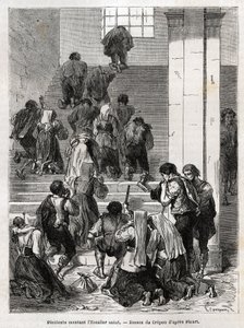 Katholische Büßer steigen die heilige Treppe in Rom hinauf. Gravur zur Illustration der Geschichte von Ludovic Celler; die Karwoche in Rom