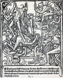 Kessel voller kochendem Öl und Blei, in die Teufel die Gierigen tauchen, um sie mit ihrer schlechten Gier betrunken zu machen. Beschreibung von Lazarus der Hölle. Faksimile des „Calendrier des Bergers“ prophetischer Almanach, gedruckt von Claude Nourry im 