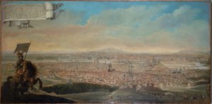 Vogelperspektive von Paris, mit dem Reiterporträt von Chevalier des Essarts, circa 1645 von Unknown artist