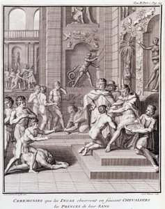 Zeremonien, die die Inkas bei der Ritterschaft der Prinzen ihres Blutes beobachten - in „Historische Reise durch Südamerika im Auftrag des Königs von Spanien“ von Don Georges Juan & Don Antoine de Ulloa, T.II, ed. Jombert, Librairie du Roi, Paris von Unknown artist