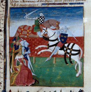 Ritterliches Turnier zwischen Tristan und Palamede. Miniatur aus dem Manuskript „Der Roman von Tristan“
