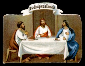 Christus rettet die Jünger von Emmaus. Chromolithographie aus dem 19. Jahrhundert