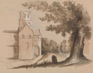 Kirche mit Baum und Grabstein im Vordergrund von Unknown artist