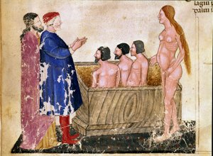 Kreis der Schmeichler: Dante und Virgil treffen Alessio Interminelli und die Prostituierte Thais. Illustrierte Seite aus dem 18. Gesang der Hölle aus der „Göttlichen Komödie“ von Dante Alighieri (1265-1321). 14. Jahrhundert, Venedig