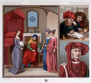Zivile Kostüme im Mittelalter im 15. Jahrhundert. Oben rechts: Geldwechsler in Antwerpen. Unten rechts: Porträt von Maximilian von Österreich (1459-1519) nach Quentin Metzys. In „Le costume historique“ von A. Raquet von Unknown artist