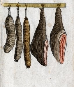 Wurstwaren: Fleischhaken mit Schinkenfleisch und aufgehängter Wurst. Endgravur des 18. Jahrhunderts. Private Sammlung.