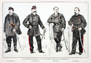 Kommandeure der mobilisierten Friedenswächter (Divisionsinspektoren), von links nach rechts: Herr Foucault, Herr Giobergia, Herr Vassal, Herr Archer. Farbradierung zur Illustration „Histoire du corps des gardiens de la paix“, Buch veröffentlicht unter der  von Unknown artist