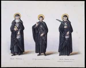 Kostüme: 1. Santa Ubaldesca, 2. St. Ugo Kommandant von Genua, 3. Santa Toscana des Lebens. 19. Jahrhundert
