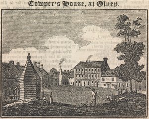 Cowpers Haus in Olney (mit Text)(aus dem Spiegel)[eine ähnliche Gravur erscheint in "The Tourist; a literary and anti-slavery journal", 28. Januar 1833, Seite 189]; Seite 76 (Band Eins)