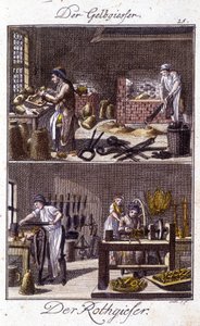 Handwerk: Kupferschmied und Kesselschmied in ihren Werkstätten. In „Umfassende Beschreibung der Künste und Handwerke und Werkstätten für junge Leute“ von Johan Peter Vue. Ed. Nürnberg, Weigel und Schneider von Unknown artist