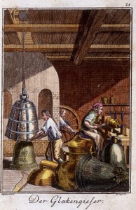 Handwerk: der Glockenmacher in seiner Werkstatt. In „Umfassende Beschreibung der Künste und Handwerke und Werkstätten für junge Leute“ von Johan Peter Vue. Ed. Nürnberg, Weigel und Schneider