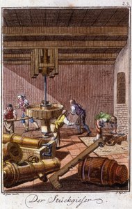 Handwerk: die Kanonengießer in ihrer Werkstatt. In „Umfassende Beschreibung der Künste und Handwerke und Werkstätten für junge Leute“ von Johan Peter Vue. Ed. Nürnberg, Weigel und Schneider