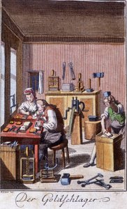 Handwerk: der Goldtrommler in seiner Werkstatt. In „Umfassende Beschreibung der Künste und Handwerke und Werkstätten für junge Leute“ von Johan Peter Vue. Ed. Nürnberg, Weigel und Schneider von Unknown artist