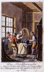 Handwerk: der Arkebusier in seiner Werkstatt. In „Umfassende Beschreibung der Künste und Handwerke und Werkstätten für junge Leute“ von Johan Peter Vue. Hrsg. Nürnberg, Weigel und Schneider