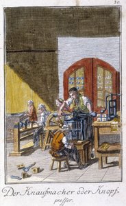 Handwerk: der Knopfmacher in seiner Werkstatt. In „Umfassende Beschreibung der Künste und Handwerke und Werkstätten für junge Leute“ von Johan Peter Vue. Hrsg. Nürnberg, Weigel und Schneider von Unknown artist