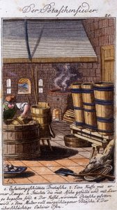 Handwerk: der Saliner, der Pottasche in seiner Werkstatt bearbeitet. In „Umfassende Beschreibung der Künste und Handwerke und Werkstätten für junge Leute“ von Johan Peter Vue. Hrsg. Nürnberg, Weigel und Schneider