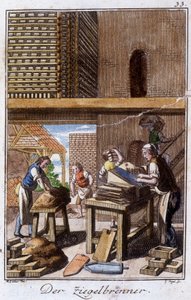 Handwerk: der Ziegel- oder Backsteinmacher in seiner Werkstatt. In „Umfassende Beschreibung der Künste und Handwerke und Werkstätten für junge Leute“ von Johan Peter Vue. Hrsg. Nürnberg, Weigel und Schneider