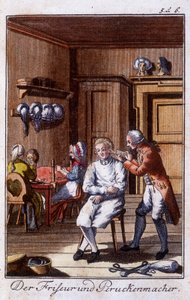Handwerk: Friseur und Perückenmacher in ihrer Werkstatt. In „Umfassende Beschreibung der Künste und Handwerke und Werkstätten für junge Leute“ von Johan Peter Vue. Hrsg. Nürnberg, Weigel und Schneider