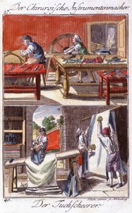Handwerk: Hersteller von chirurgischen Instrumenten (oben) und Scheidenbesatz (unten) in ihrer Werkstatt. In „Umfassende Beschreibung der Künste und Handwerke und Werkstätten für junge Leute“ von Johan Peter Vue. Ed. Nürnberg, Weigel und Schneider von Unknown artist