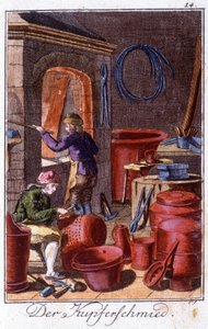 Handwerk: der Kesselschmied in seiner Werkstatt. In „Umfassende Beschreibung der Künste und Handwerke und Werkstätten für junge Leute“ von Johan Peter Vue. Ed. Nürnberg, Weigel und Schneider von Unknown artist