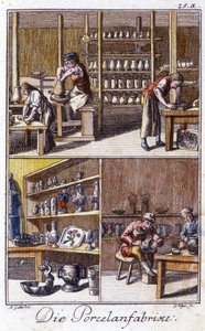 Handwerk: der Porzellanhersteller in seiner Werkstatt. In „Umfassende Beschreibung der Künste und Handwerke und Werkstätten für junge Leute“ von Johan Peter Vue. Hrsg. Nürnberg, Weigel und Schneider