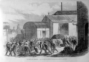 Streik in Creusot. Die Arbeiter der Anpassungswerkstätten wehren die Streikenden ab. Gravur 19. Jahrhundert. von Unknown artist