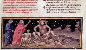 Dante und Virgil treffen Ciacco und Cerberus mit den Gefräßigen (Gesang 9 aus der Hölle, in der Göttlichen Komödie) - Miniatur