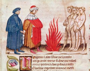 Dante und Virgil umgeben von den verdammten Seelen (aus der Hölle, in der Göttlichen Komödie) - Miniatur, 15. Jahrhundert