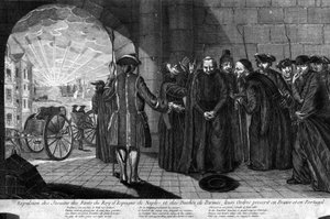 Deportation der Jesuiten am 21.07.1773: Vertreibung der Jesuiten aus den Staaten des Königs von Spanien, Neapel und dem Herzogtum Parma, ihre Orden in Frankreich und Portugal verboten. Gravur aus dem frühen 19. Jahrhundert