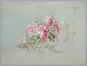 Entwurf für Tapete und Textilien: Blumen und Vögel von Unknown artist