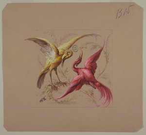 Entwurf für Tapeten und Textilien: Blumen und Vögel von Unknown artist