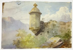 Kuppelartiger Aussichtspunkt auf Mauer in Berglandschaft (recto); Figuren überqueren Brücke vor Berg (verso)