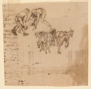 Zeichnung: A) Zwei Männer tragen einen Koffer; vier Maultiere mit einem Treiber. B) Entwurf für einen Rahmen von Unknown artist