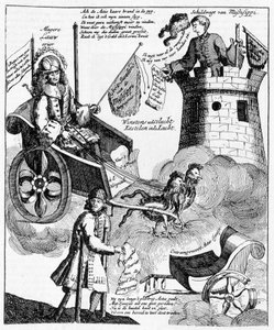 Niederländischer satirischer Druck gegen John Law (1671-1729), zum Mississippi-Fall
