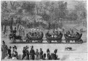 Endlose Schienen, angepasst an einen Wagenzug, der von Ziegen im Tuileriengarten in Paris gezogen wird (von der Natur). Gravur in „La Nature: revue des sciences et de leurs applications aux arts et a l