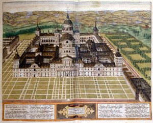Gravur des Palastes von El Escorial in Spanien. 17. Jahrhundert