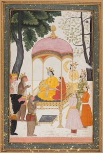 Der thronende Rama und Sita empfangen Huldigung von ihren Affen- und Bärenverbündeten von Unknown artist